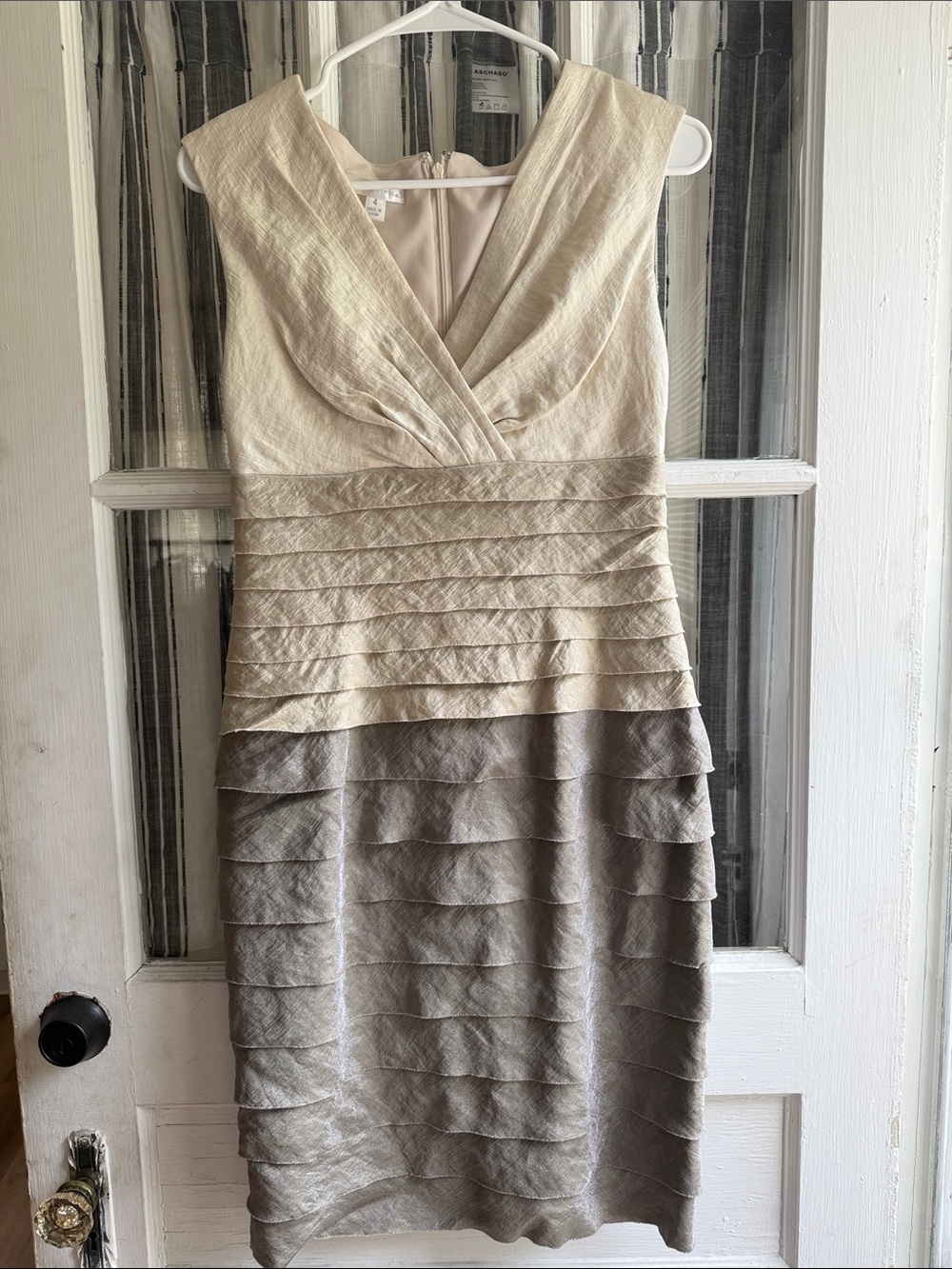 London Times Two-Tone Pleated V-Neck Midi Dress - Cream & Taupe